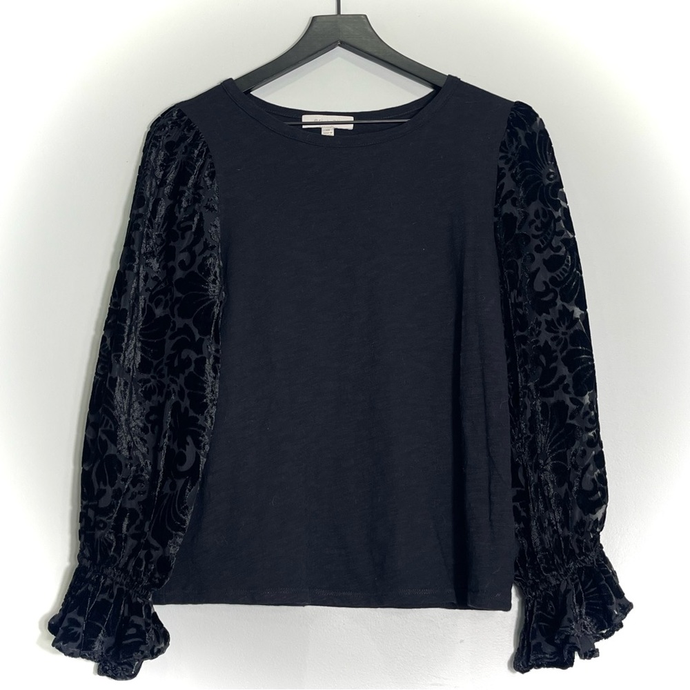 ERI + ALI Women's Shirt Top Velvet Floral Long Sleeves Black Size X-Small